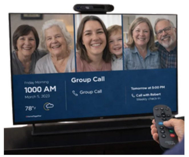 A family group video call shown on a senior's TV through HomeTogether